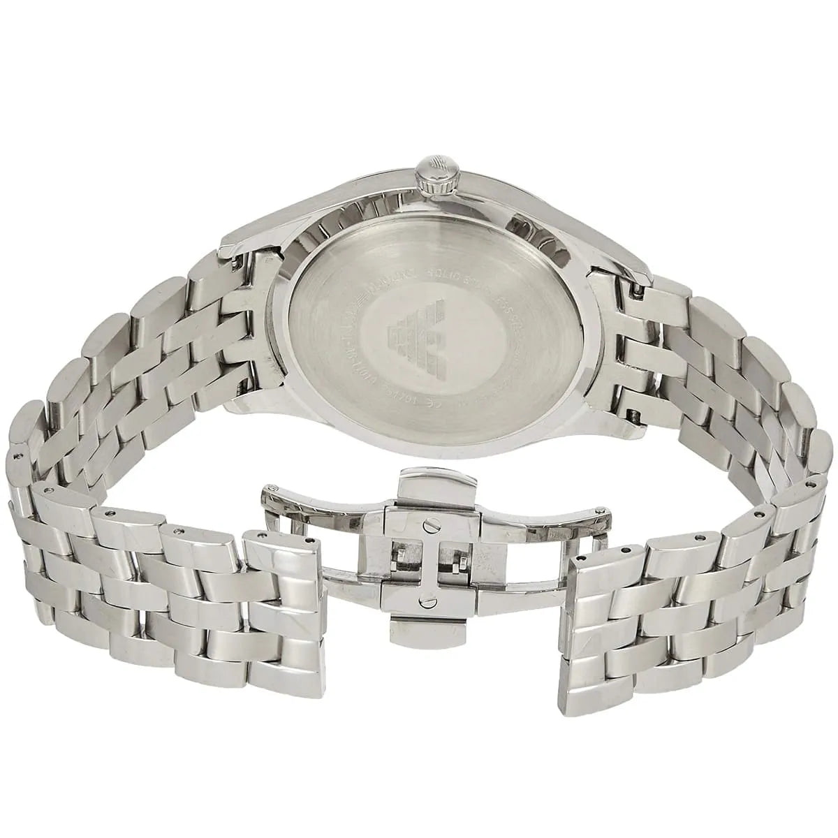 Emporio Armani Lambda watch caseback showing stainless steel with eagle logo