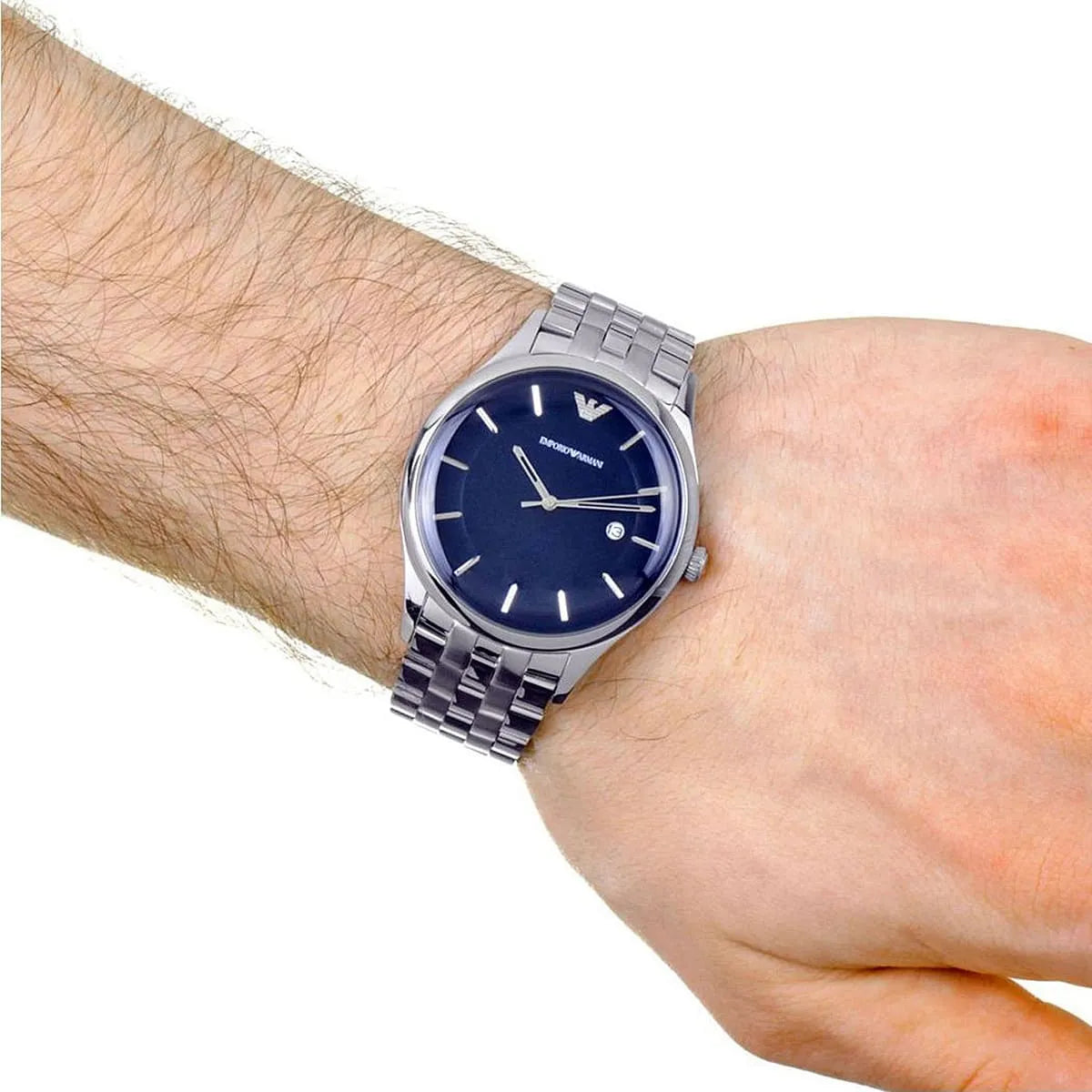 Emporio Armani Lambda men's watch worn on wrist with blue dial visible