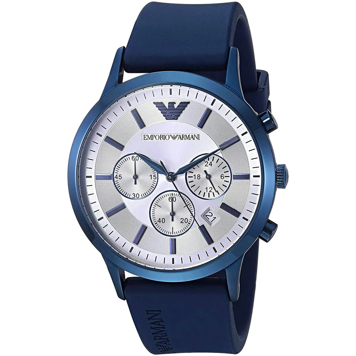 Emporio Armani Renato Chronograph Silver Dial Blue Silicone Strap Watch AR11026