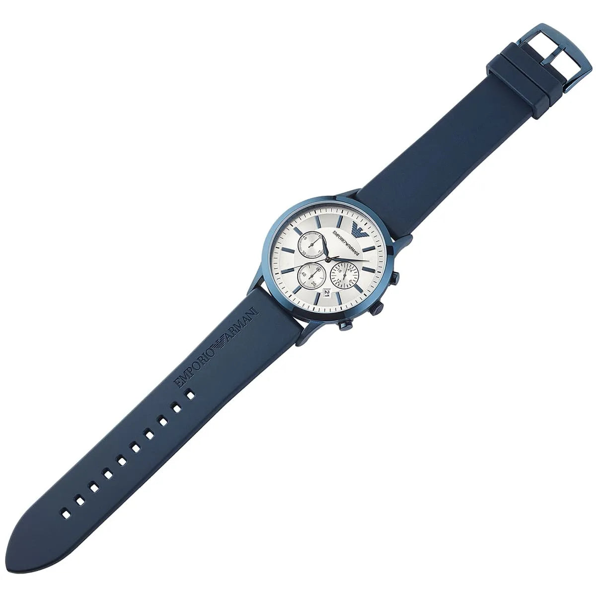 Emporio Armani Renato Chronograph Silver Dial Blue Silicone Strap Watch AR11026