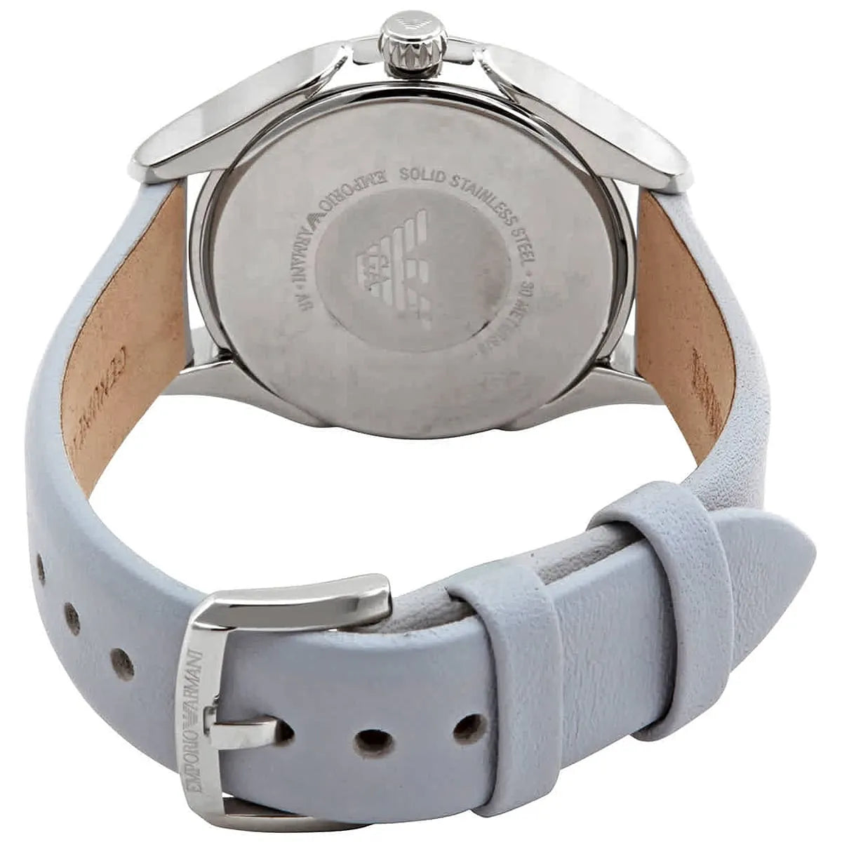 Caseback of Emporio Armani Valeria watch showing stainless steel case with gray strap