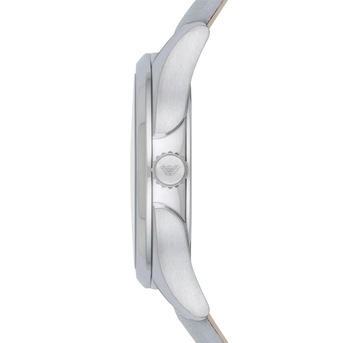 Side profile of Emporio Armani Valeria watch with gray leather strap