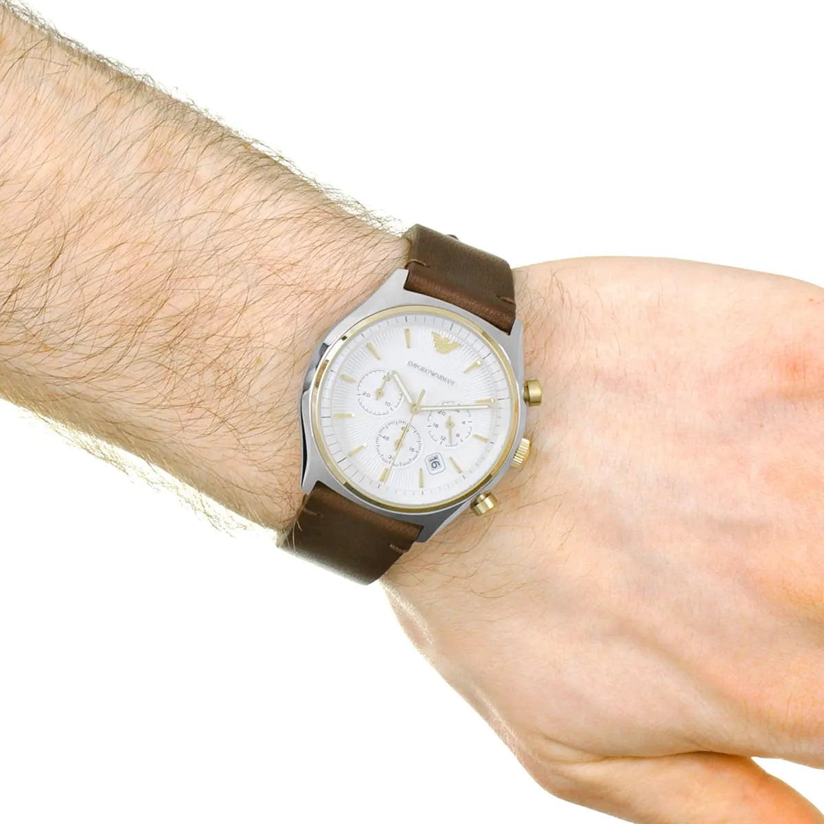 Emporio Armani Chronograph White Dial Brown Leather Strap Watch For Men - AR11033