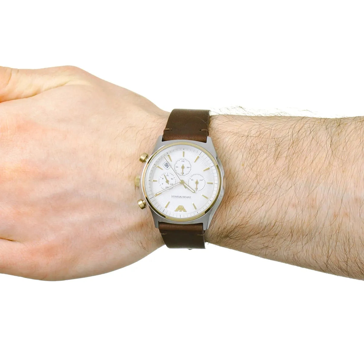 Emporio Armani Chronograph White Dial Brown Leather Strap Watch For Men - AR11033