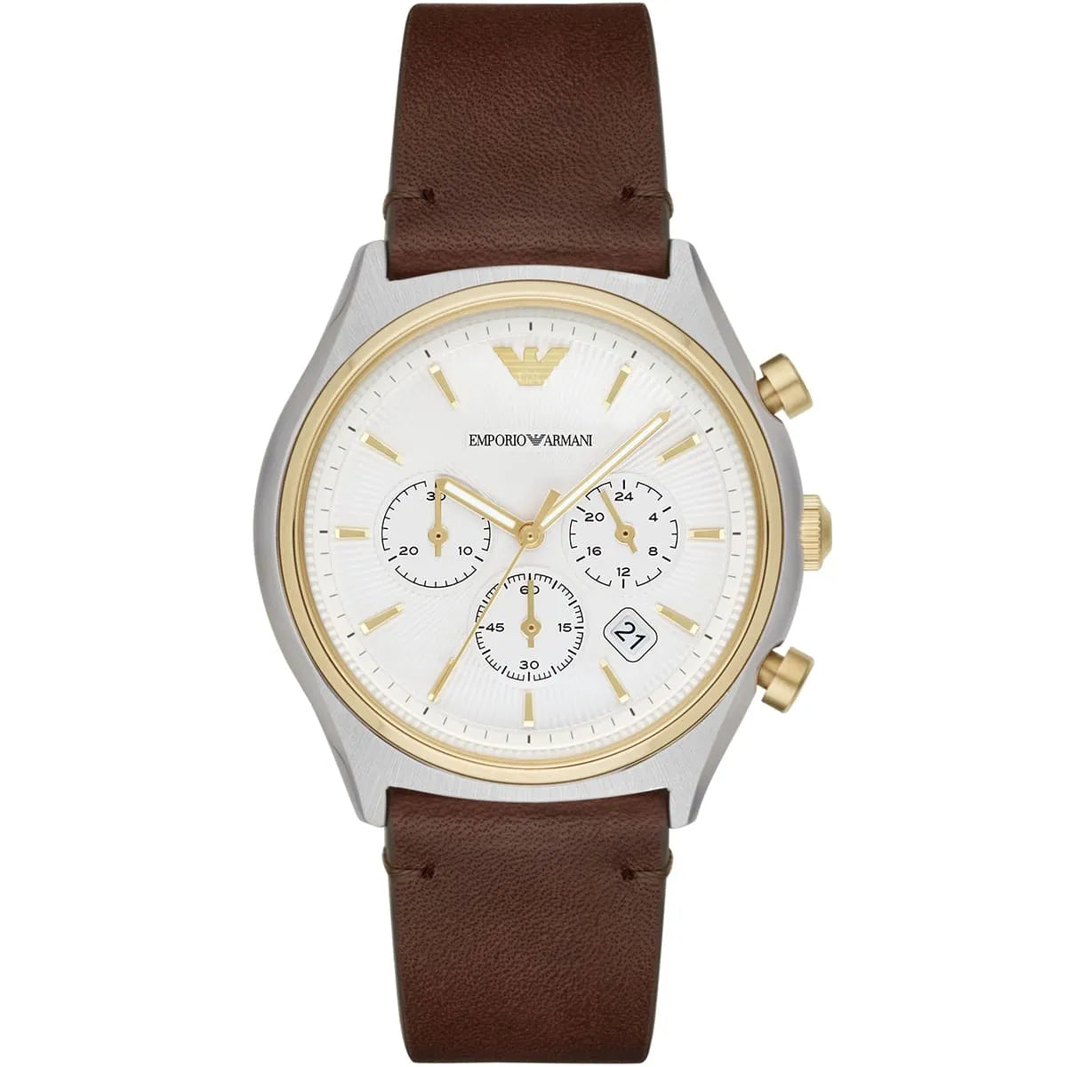 Emporio Armani Chronograph White Dial Brown Leather Strap Watch For Men - AR11033