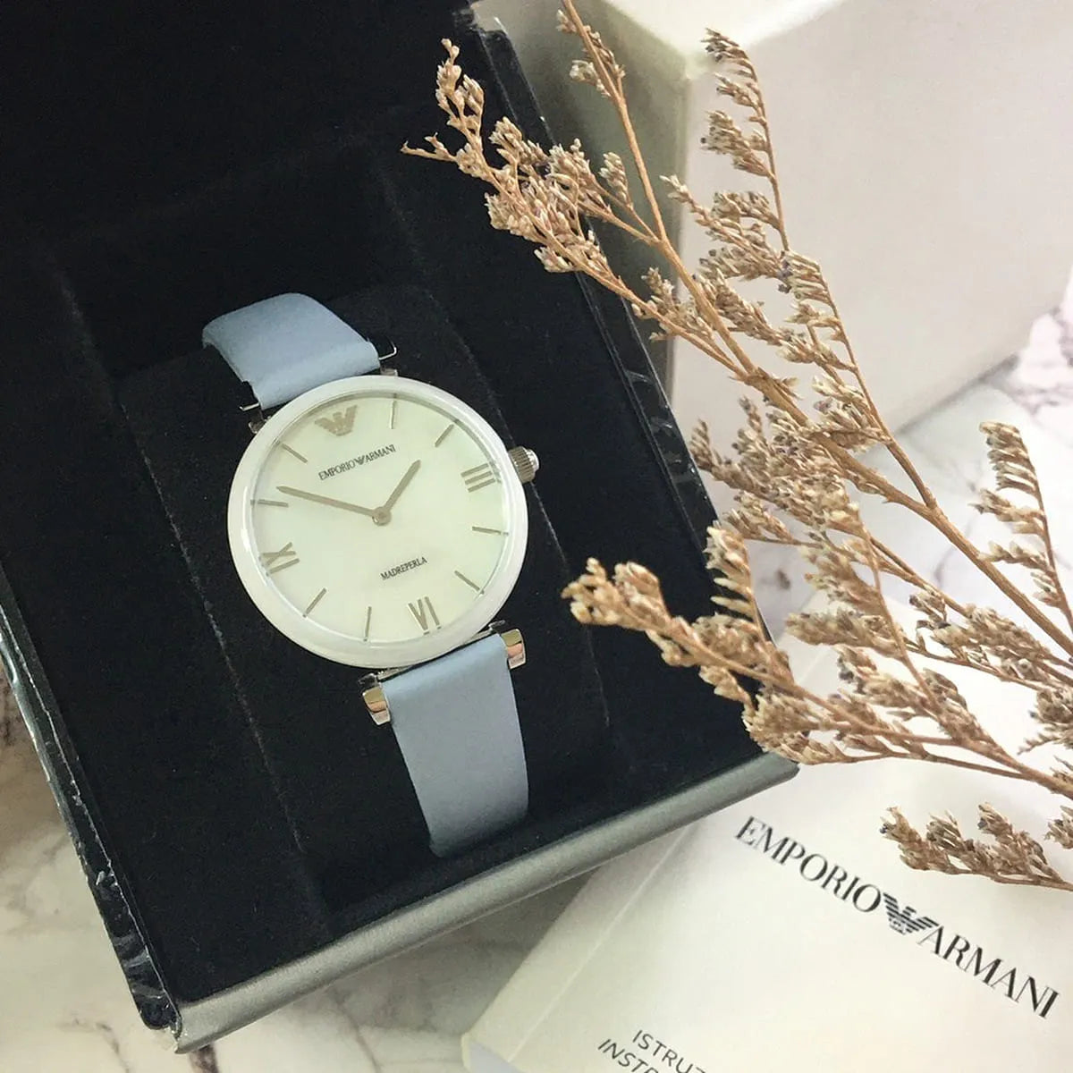 Emporio Armani Gianni T-Bar watch with packaging box and accessories