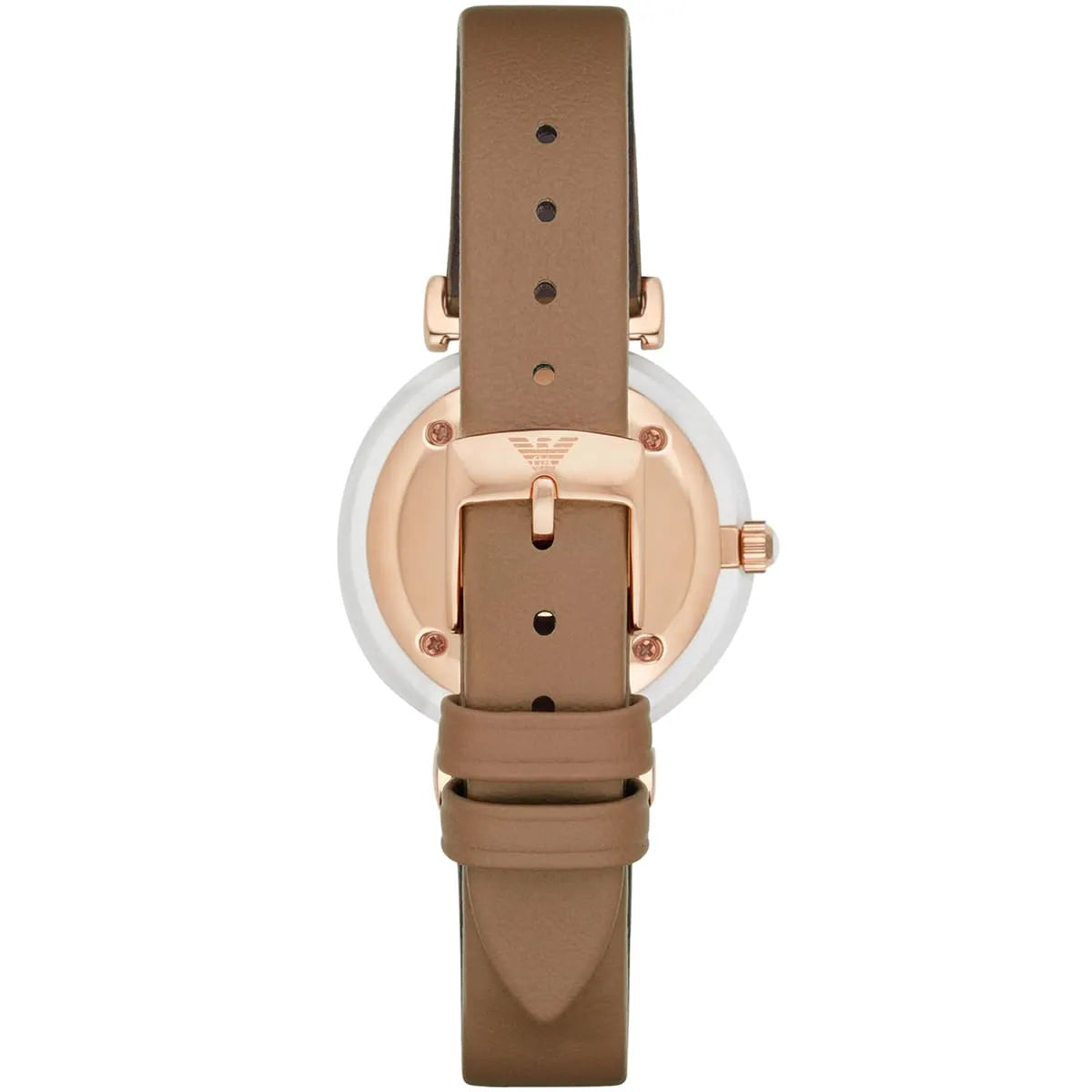 Emporio Armani Gianni T-Bar caseback showing rose gold case and brown leather strap attachment