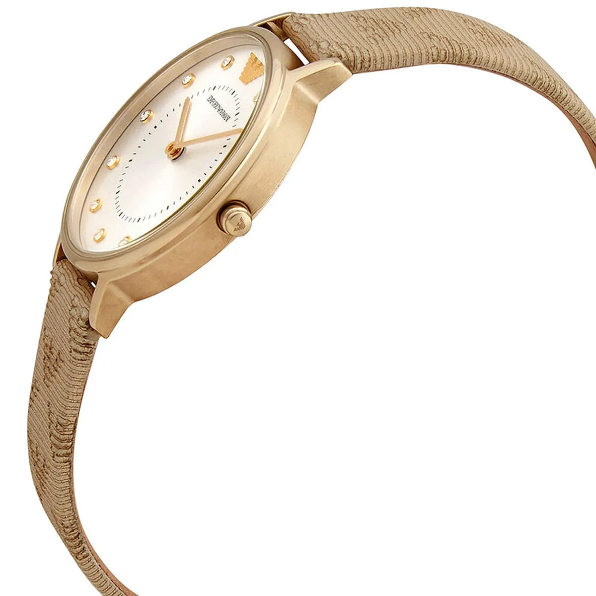 Side angle view of Emporio Armani AR11042 ladies watch with silver dial and gold case