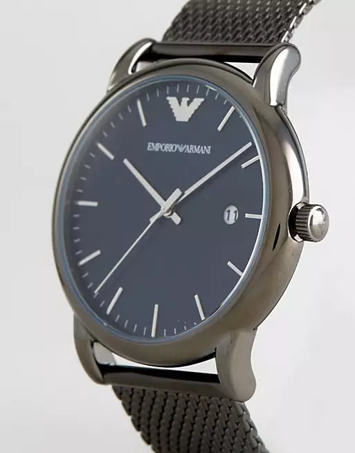Side angle view of Emporio Armani AR11053 watch showing mesh band and case profile