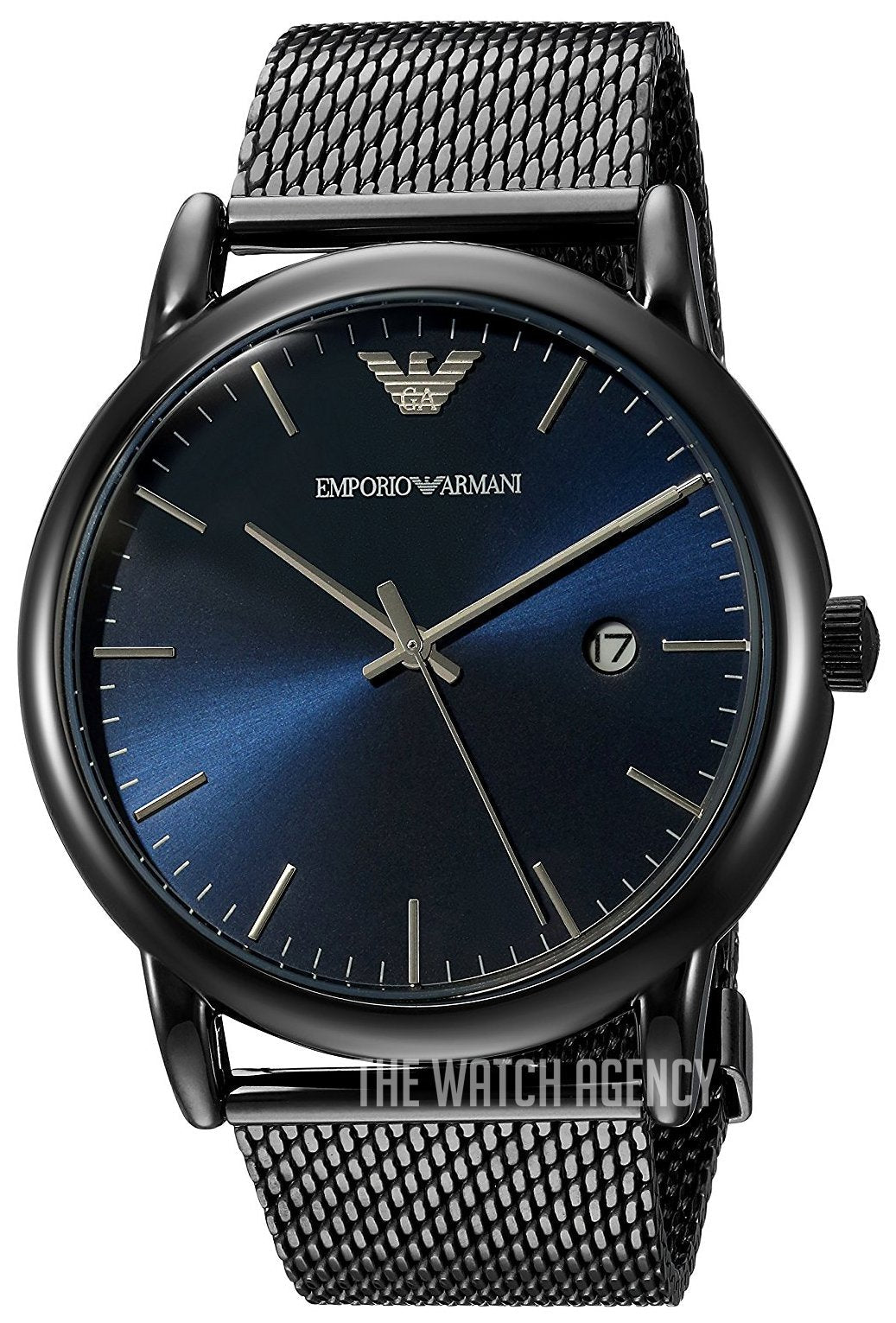 Emporio Armani AR11053 stainless steel watch with date window on blue dial and mesh strap