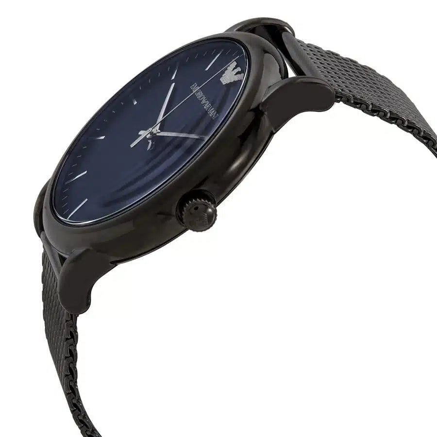 Angled view of Emporio Armani AR11053 showing gunmetal case and mesh bracelet profile