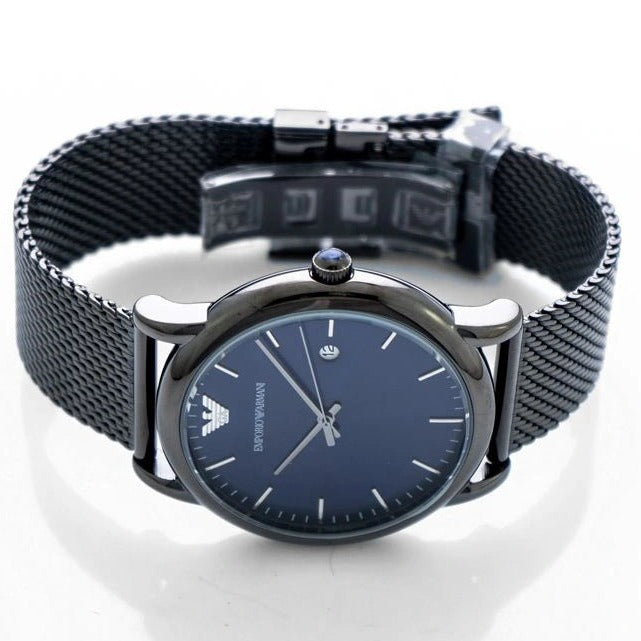 Emporio Armani AR11053 watch displayed on wrist with mesh band visible and date indicator