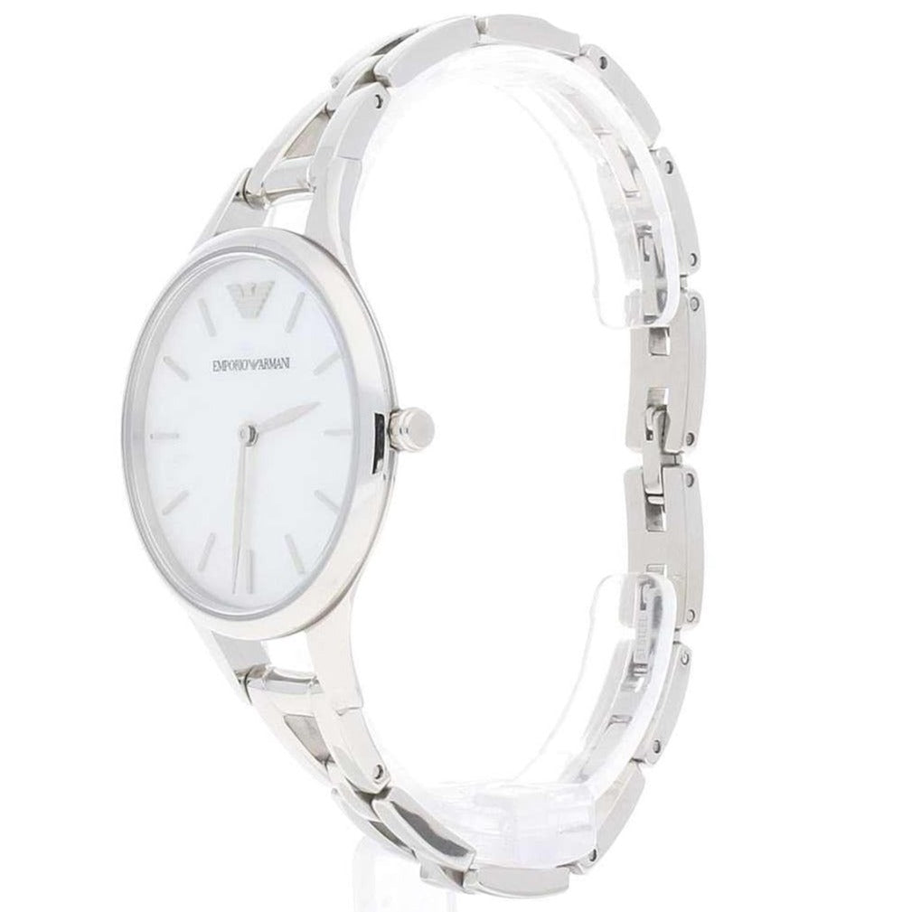 Emporio Armani AR11054 women's dress watch at angle showing white dial and silver bracelet