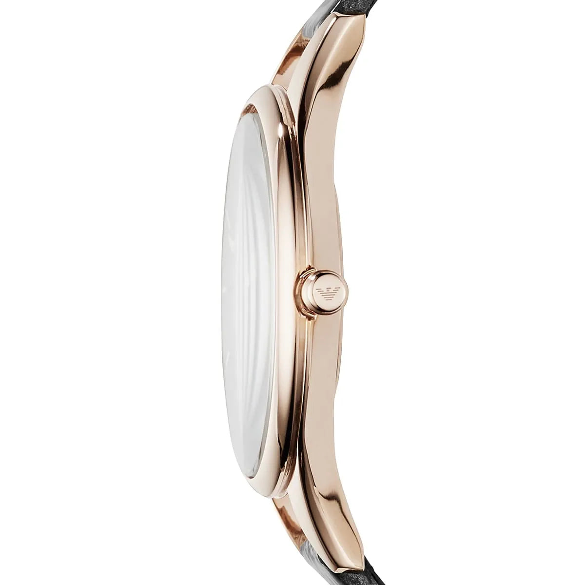 Emporio Armani Aurora watch side profile showing rose gold case and thin black leather strap