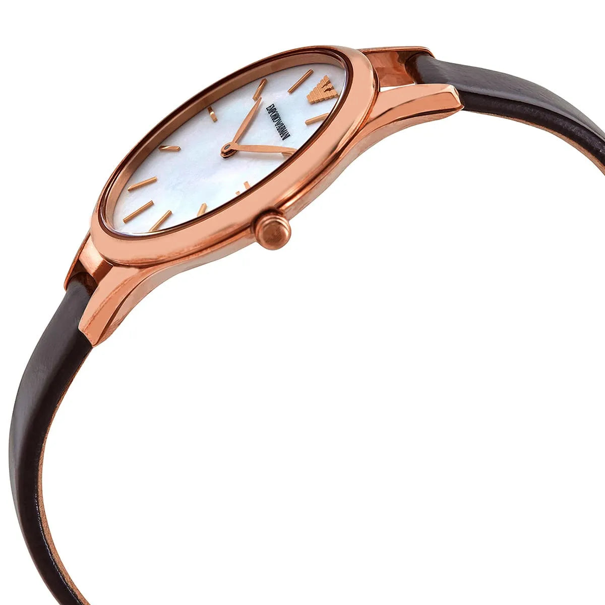 Emporio Armani AR11057 angled view of white dial, rose gold hands, and brown leather strap