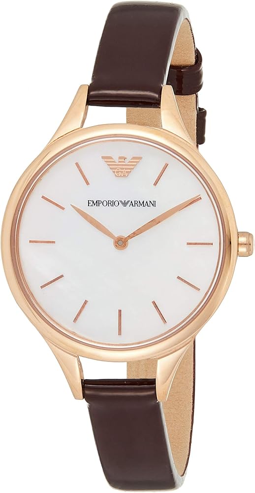 Emporio Armani AR11057 angled view showing rose gold case and brown leather strap