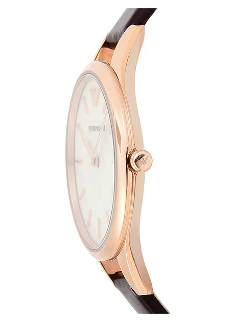 Emporio Armani AR11057 side view of rose gold case and brown leather strap
