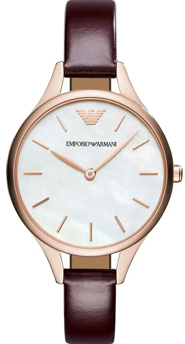 Emporio Armani AR11057 women's watch with white dial, rose gold case, and brown leather strap