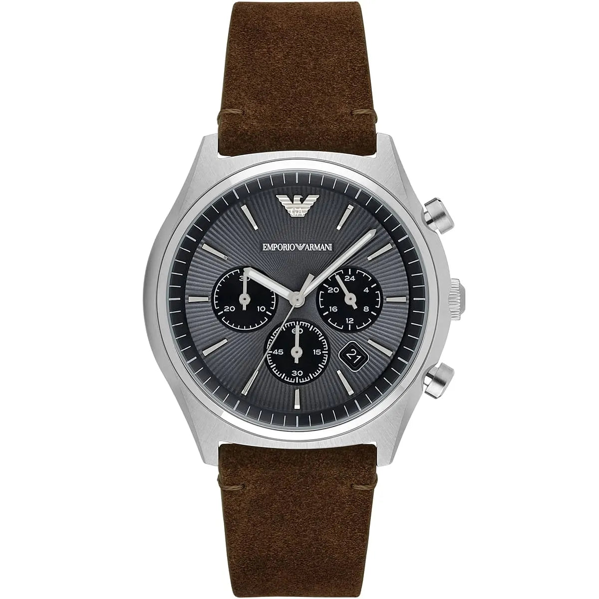 Emporio Armani AR11080 chronograph watch with gray dial, three subdials, stainless steel case, and brown leather strap