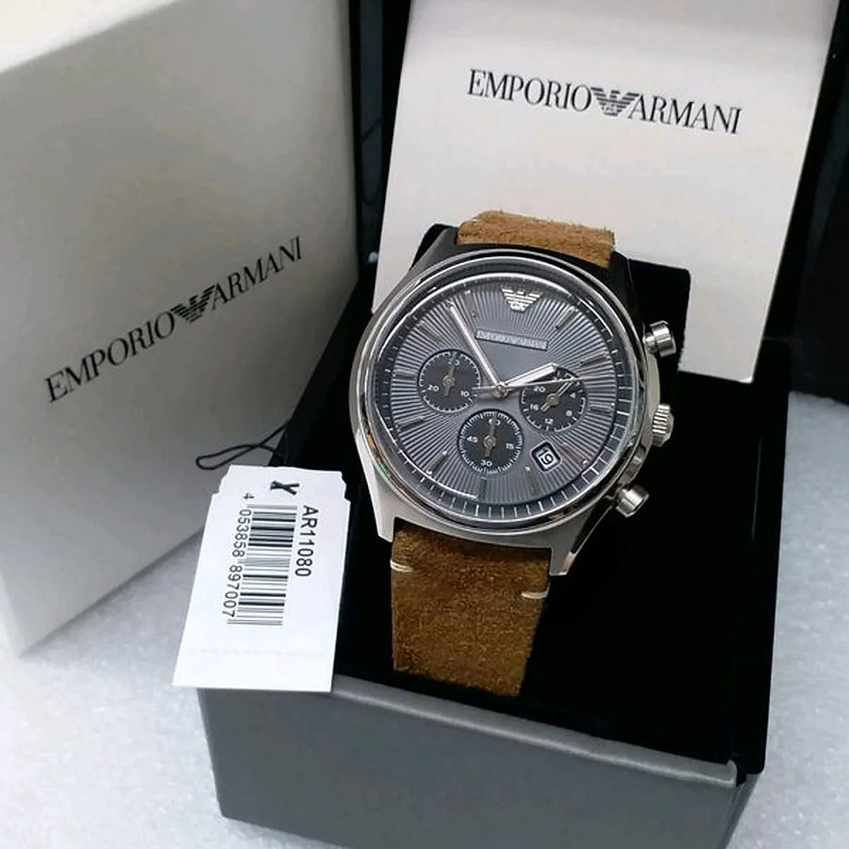Emporio Armani AR11080 watch in original retail box with brown leather strap and warranty tag