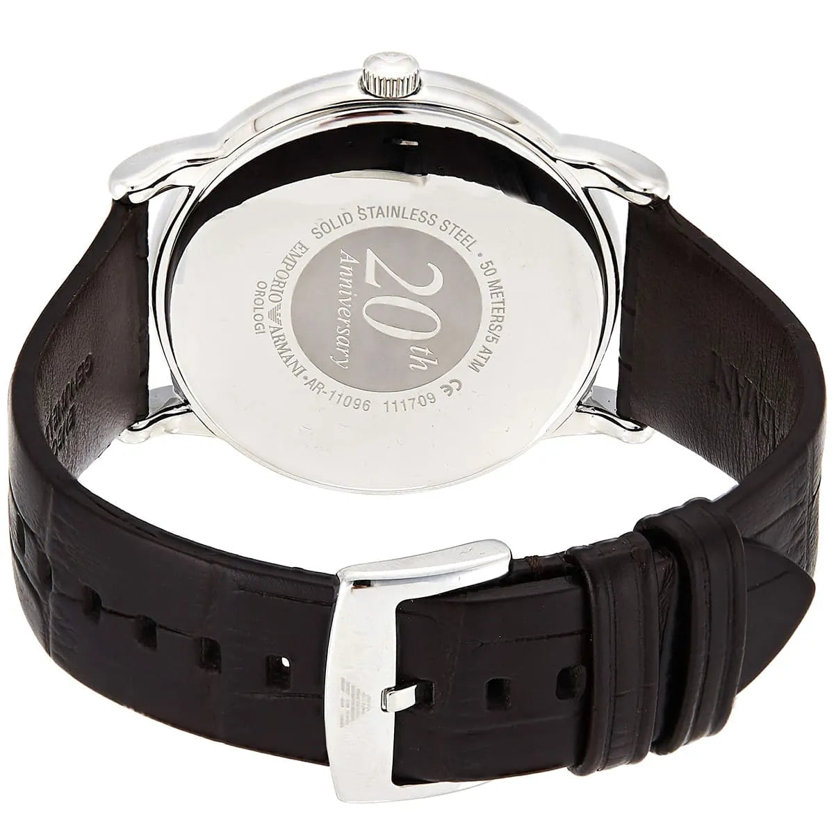 Caseback of Emporio Armani Luigi showing stainless steel engraved back with 20m water resistance