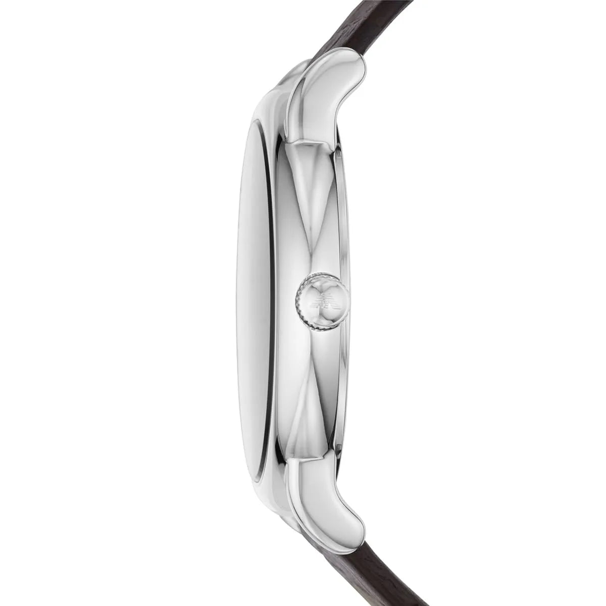 Side view of Emporio Armani Luigi watch with stainless steel case and brown leather strap