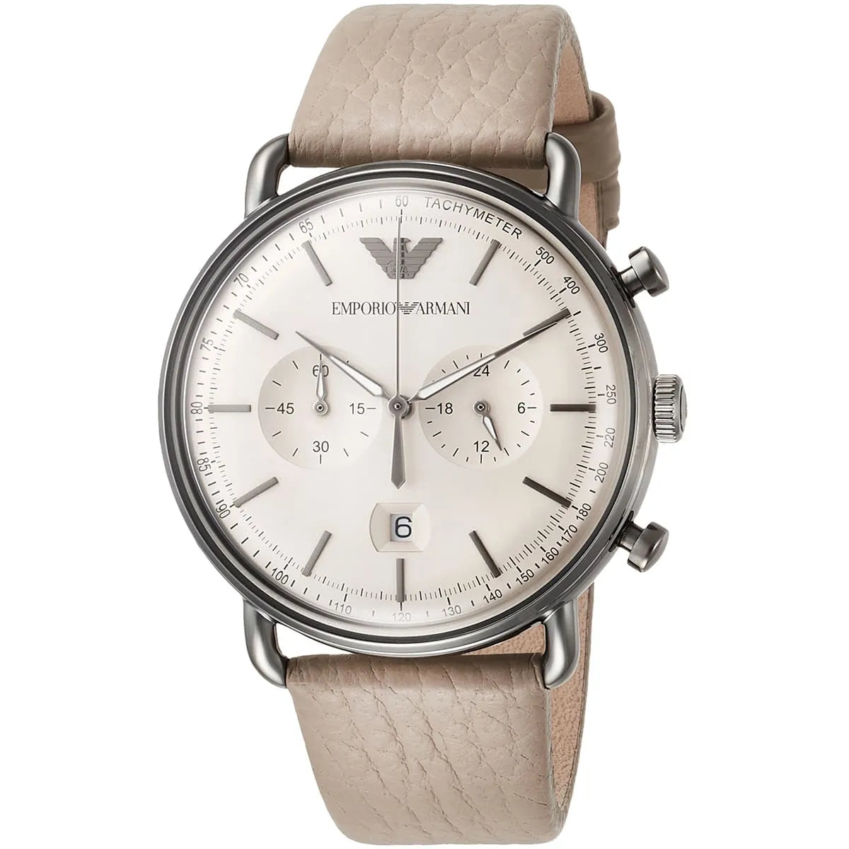 Angled view of AR11107 showing chronograph subdials and Emporio Armani branding on cream dial