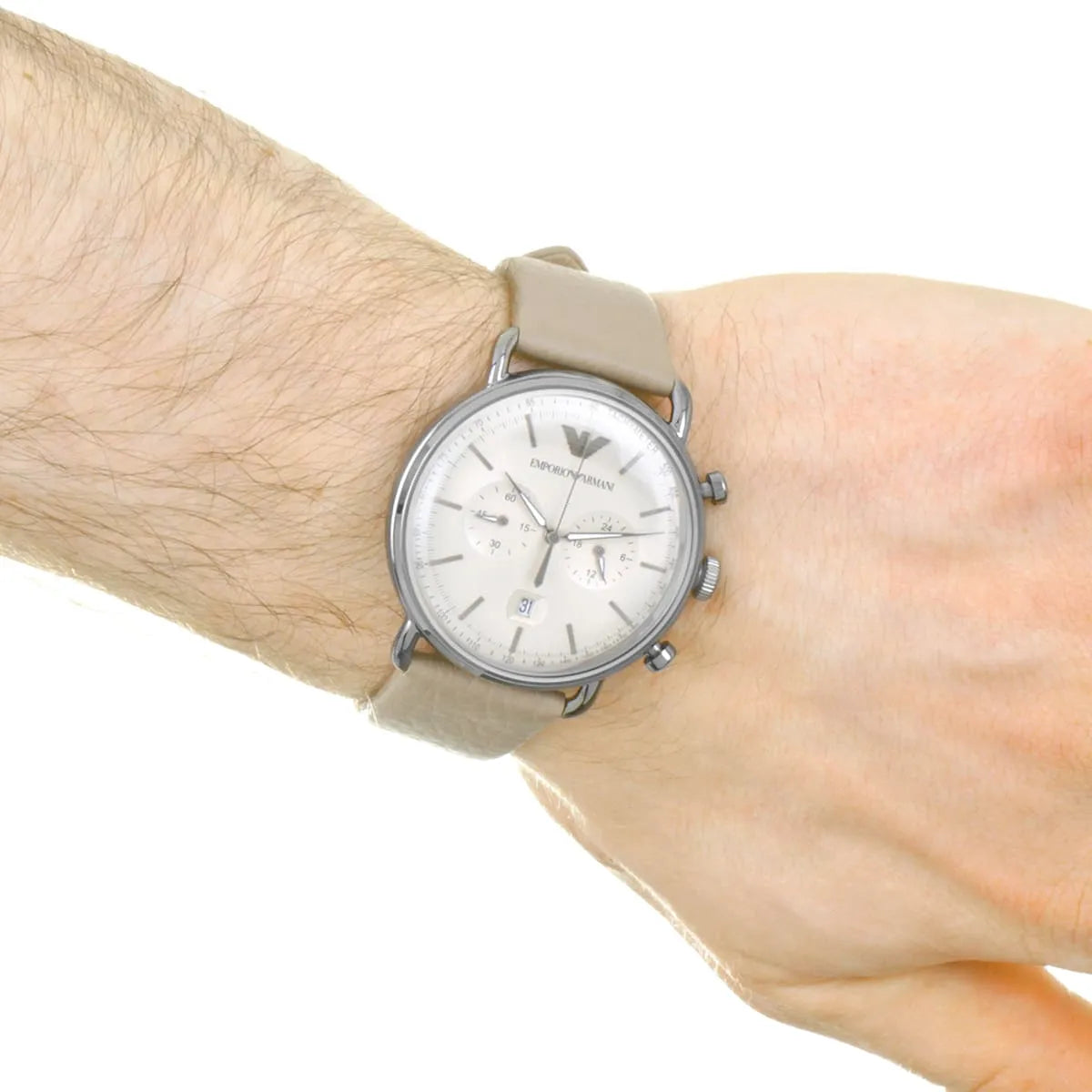 AR11107 chronograph watch worn on wrist with beige leather strap