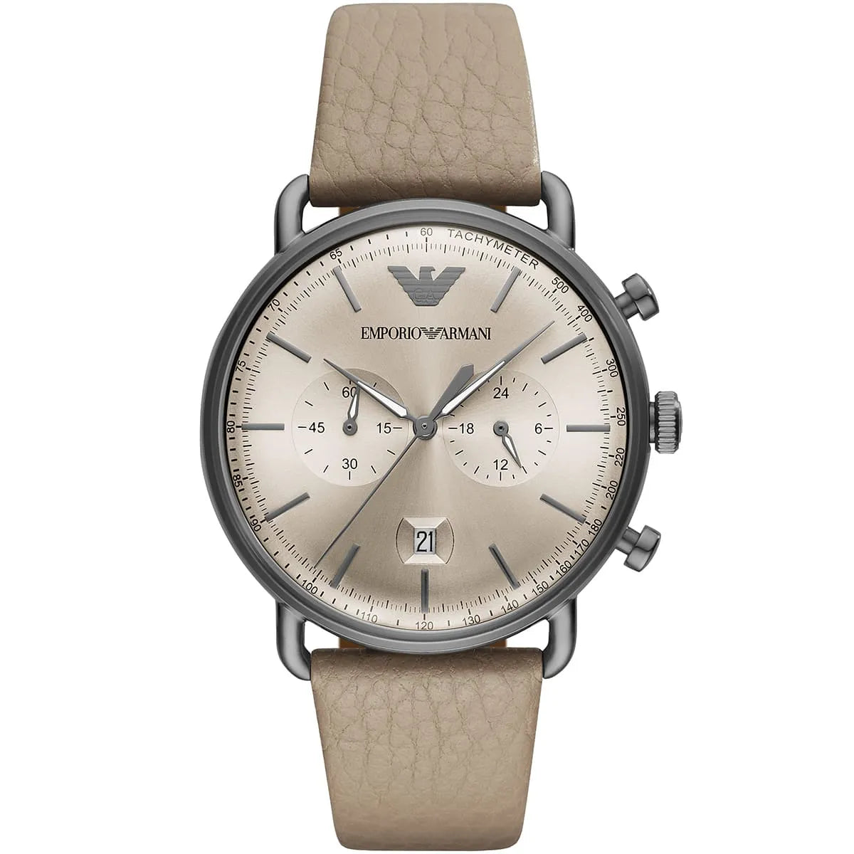 Emporio Armani AR11107 chronograph watch with silver-tone case, cream dial, and beige leather strap
