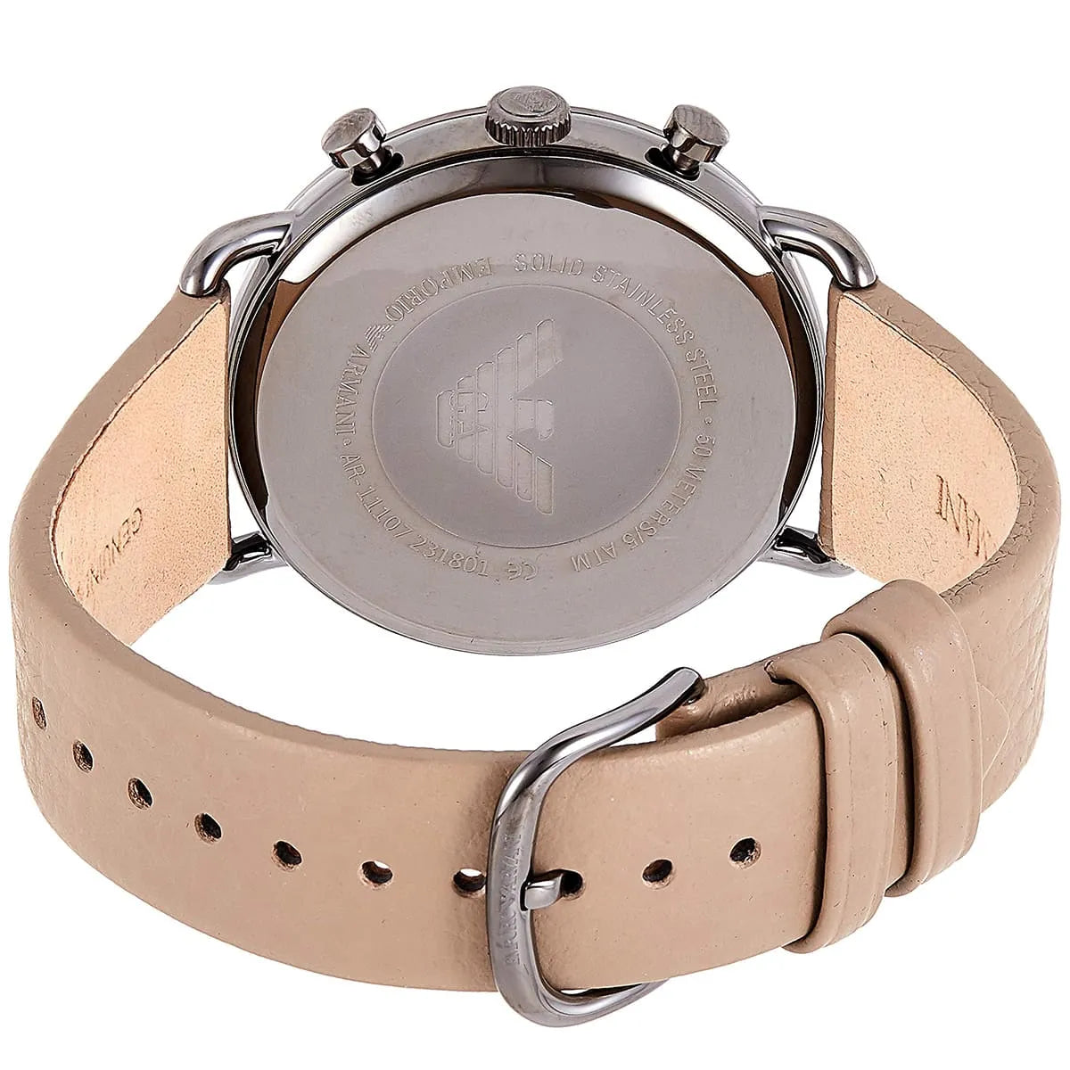 AR11116 caseback with Emporio Armani eagle logo and watch specifications engraved