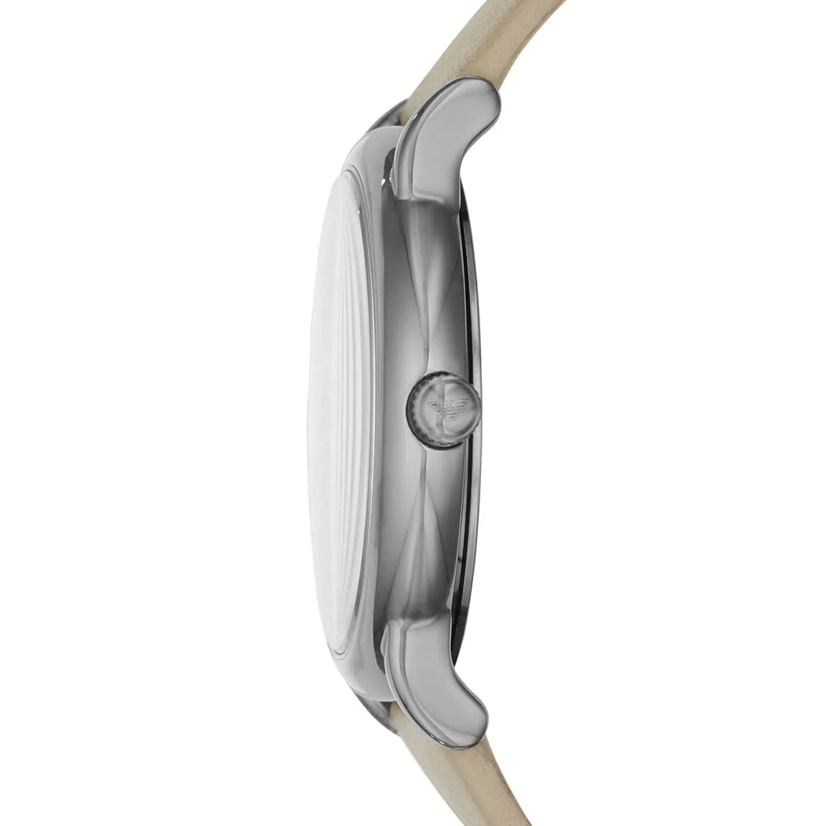 AR11116 Emporio Armani watch side profile showing case depth and taupe leather strap