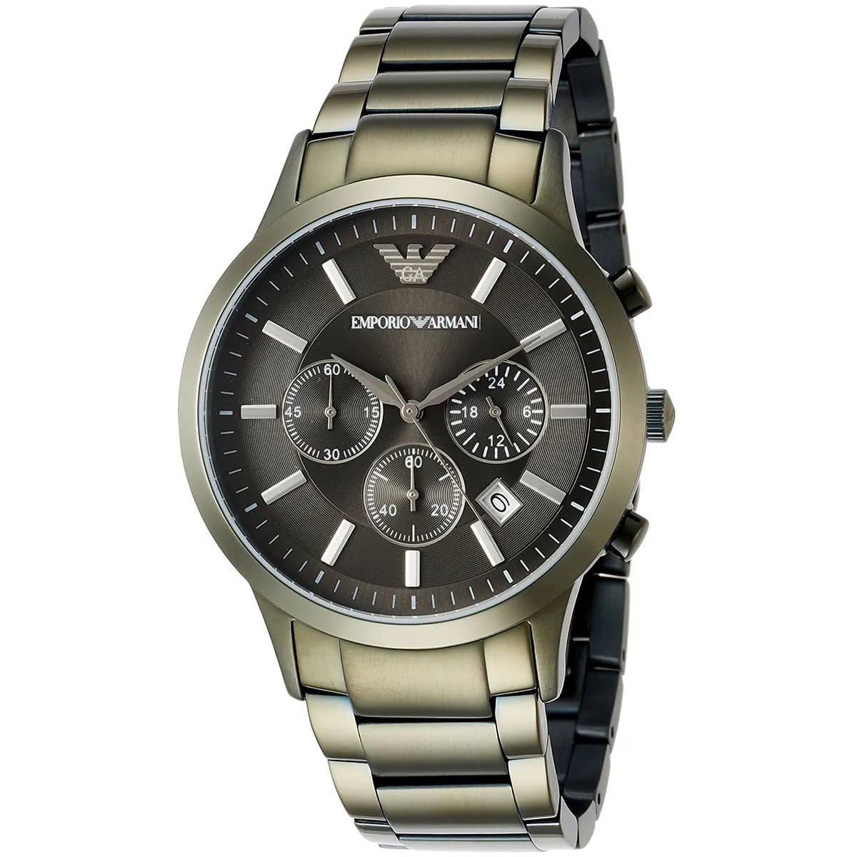Emporio Armani AR11117 watch at angle showing grey dial and chronograph subdials