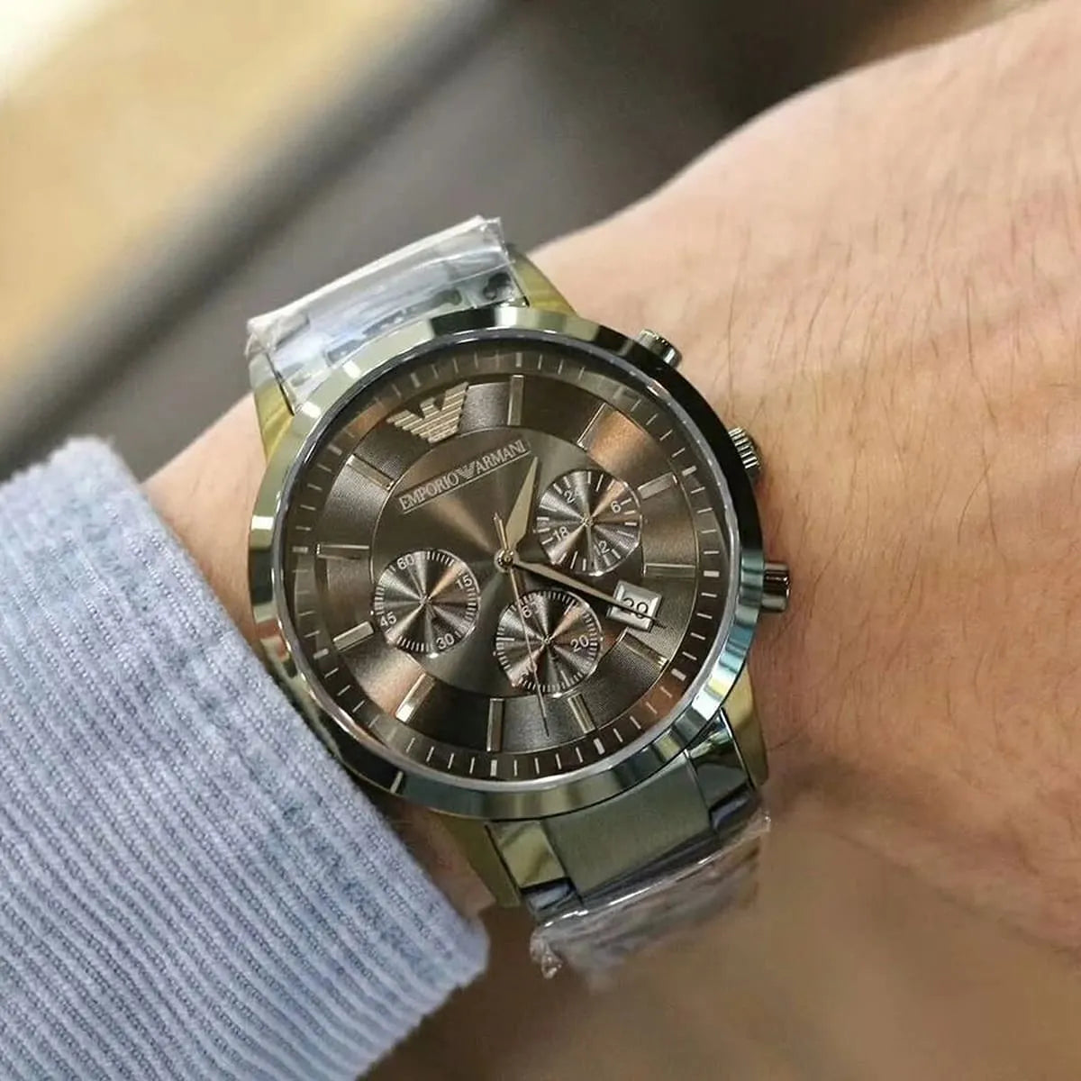 Emporio Armani AR11117 chronograph watch worn on wrist with stainless steel bracelet