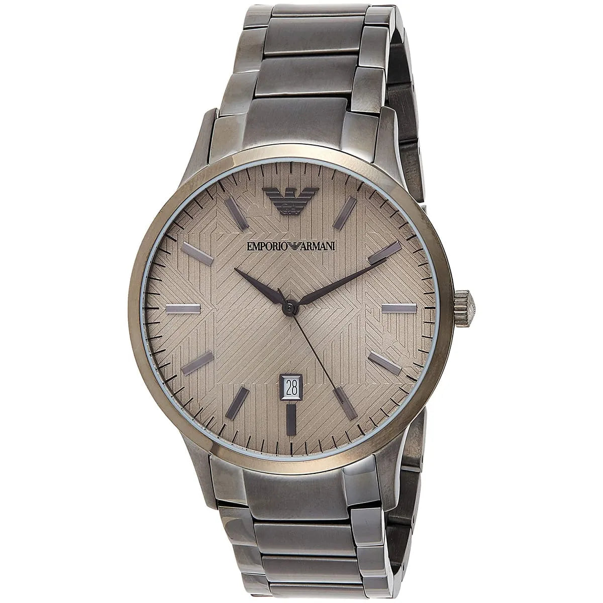AR11120 Emporio Armani watch angled view showing beige textured dial and steel bracelet