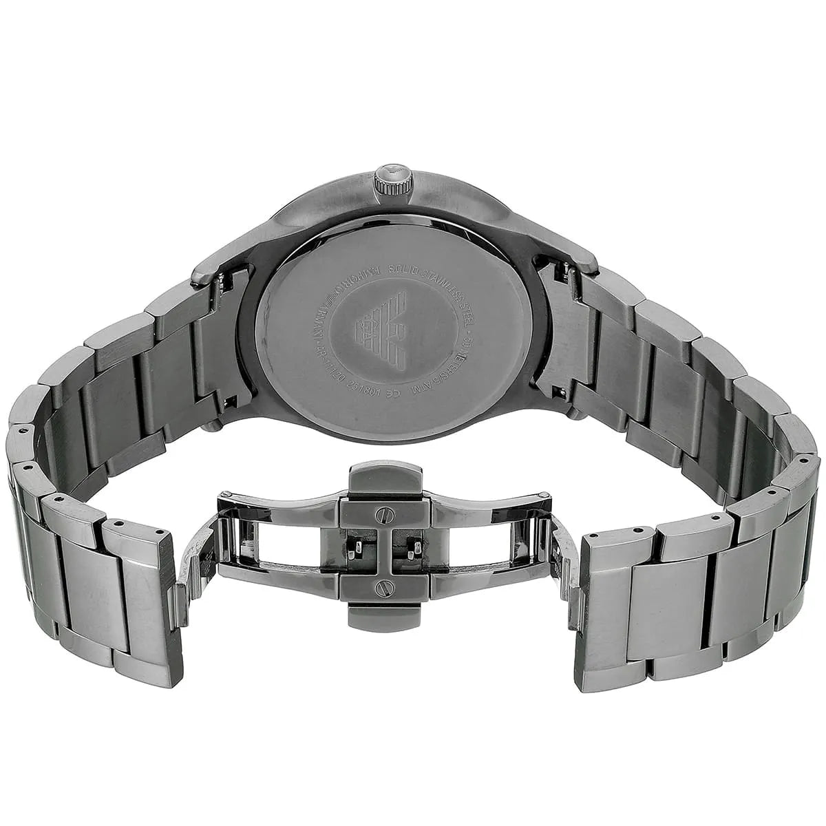 Caseback view of AR11120 Emporio Armani watch with stainless steel bracelet