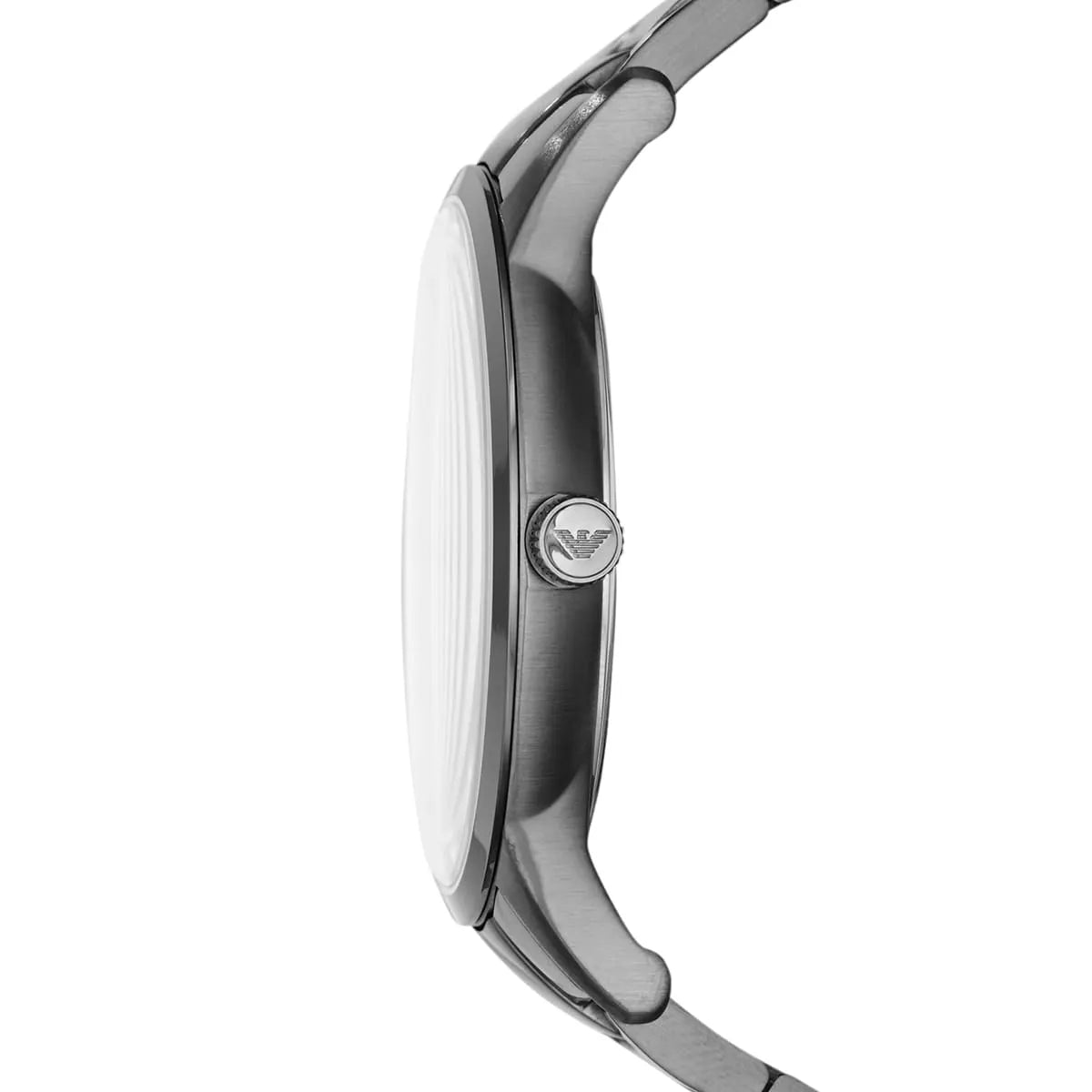 Side profile of Emporio Armani AR11120 watch showing thin case and steel bracelet