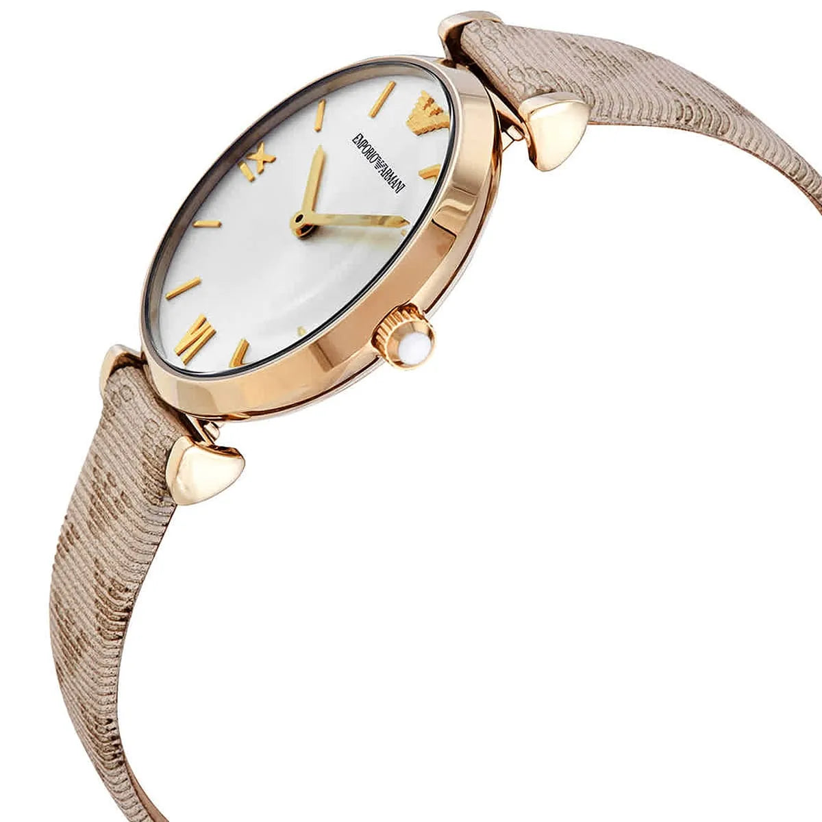 Three-quarter view of Emporio Armani AR11127 with silver dial and gold hour markers