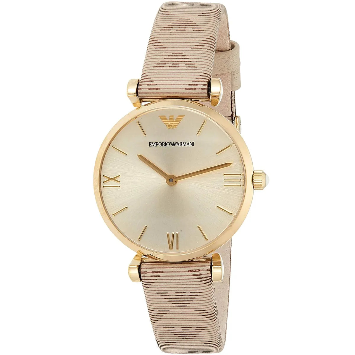 Side angle view of Emporio Armani AR11127 showing gold-tone case and beige leather strap