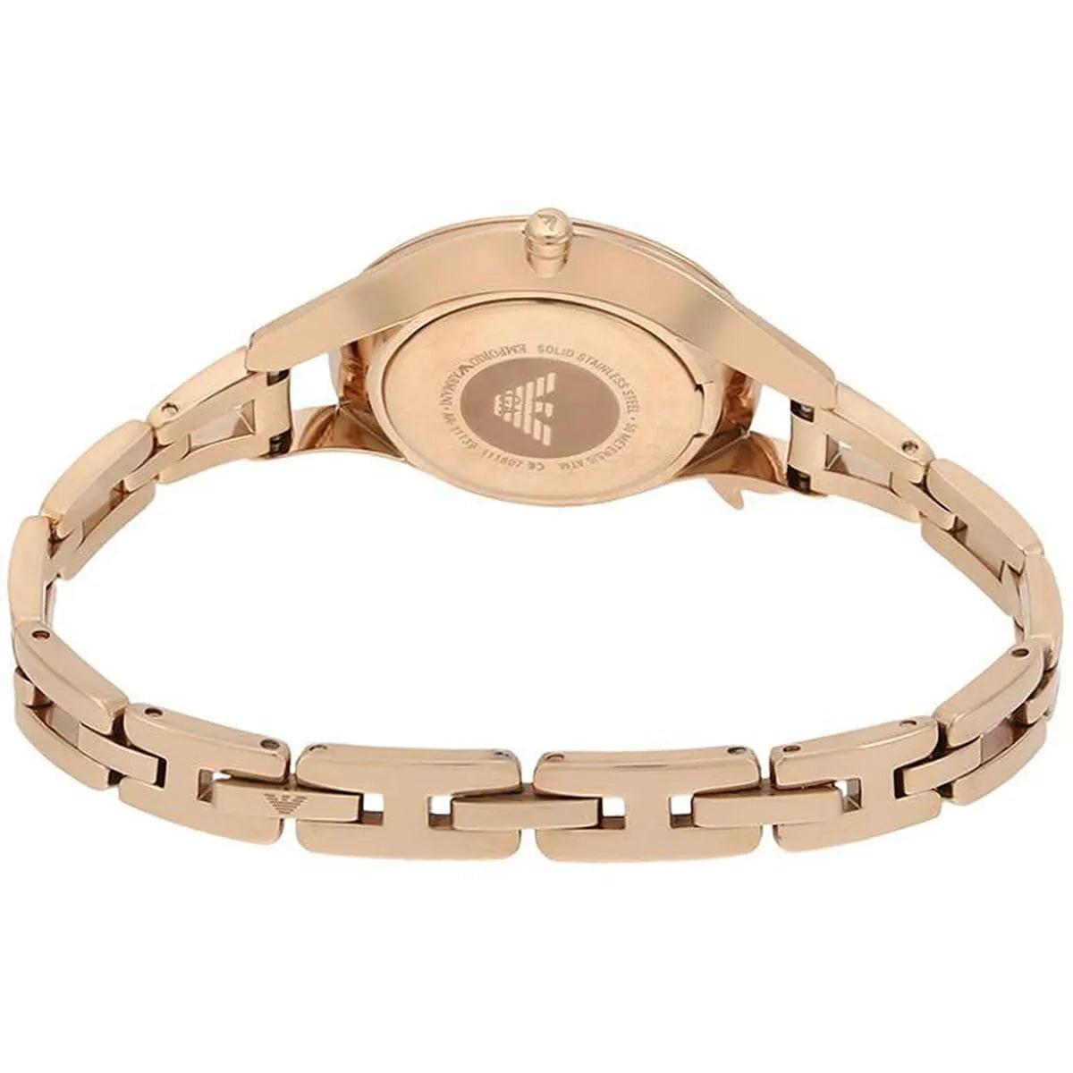 Emporio Armani Aurora watch case back showing rose gold metal with Emporio Armani logo