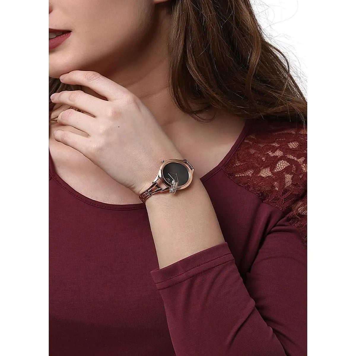 Emporio Armani Aurora women's watch worn on wrist with gray dial and rose gold bracelet