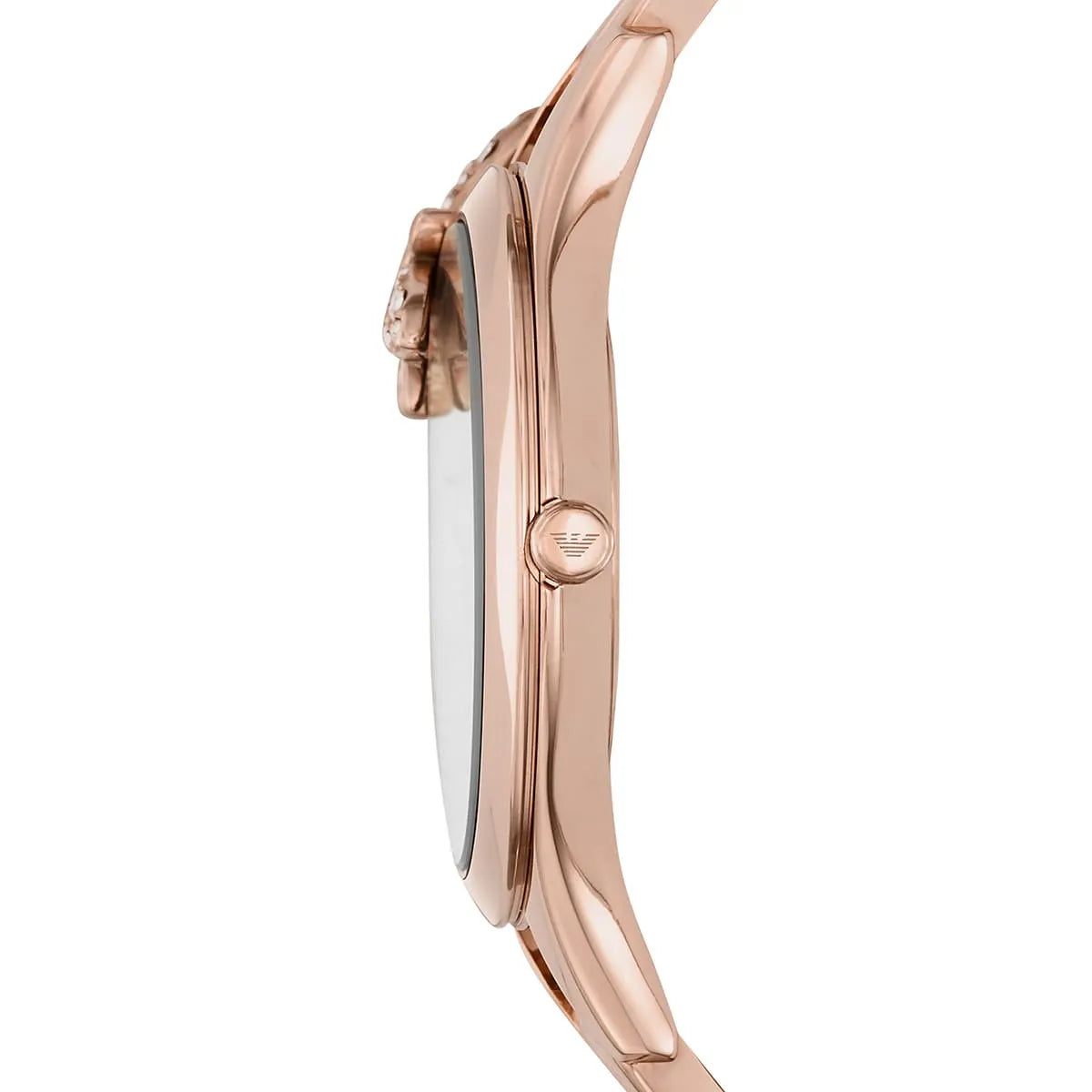 Side profile of Emporio Armani Aurora watch with rose gold stainless steel bracelet and crystal flower accent