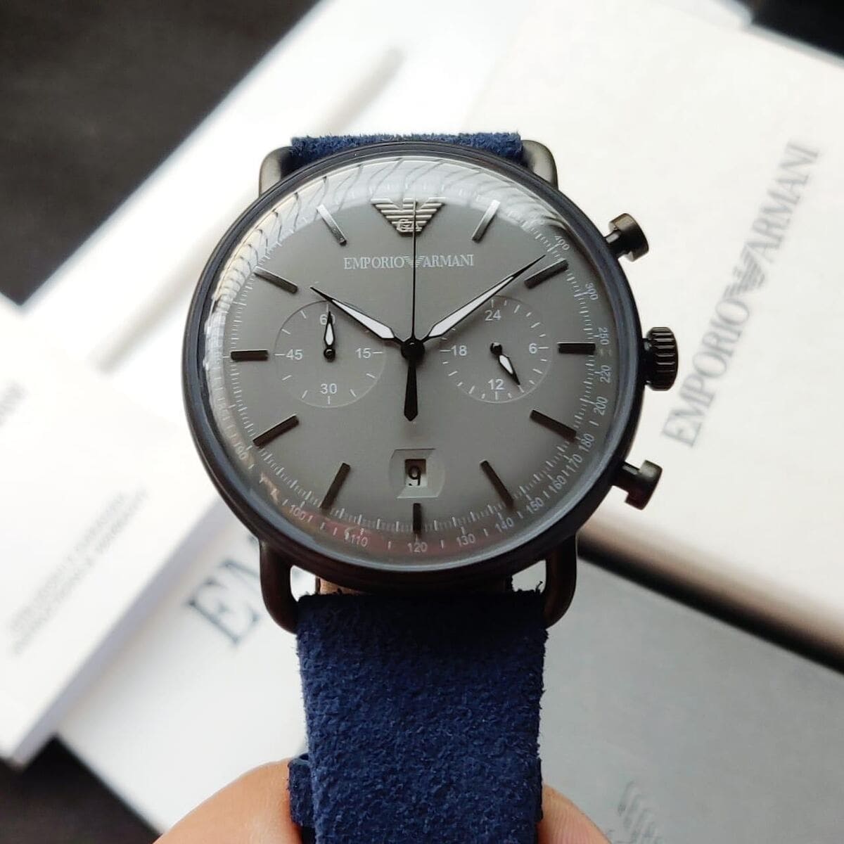 Emporio Armani AR11144 chronograph watch front view on blue strap