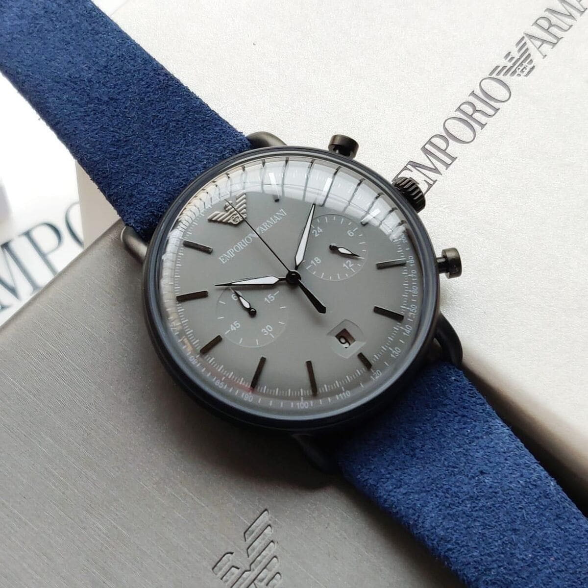 AR11144 Emporio Armani Aviator chronograph with grey dial and blue textile strap
