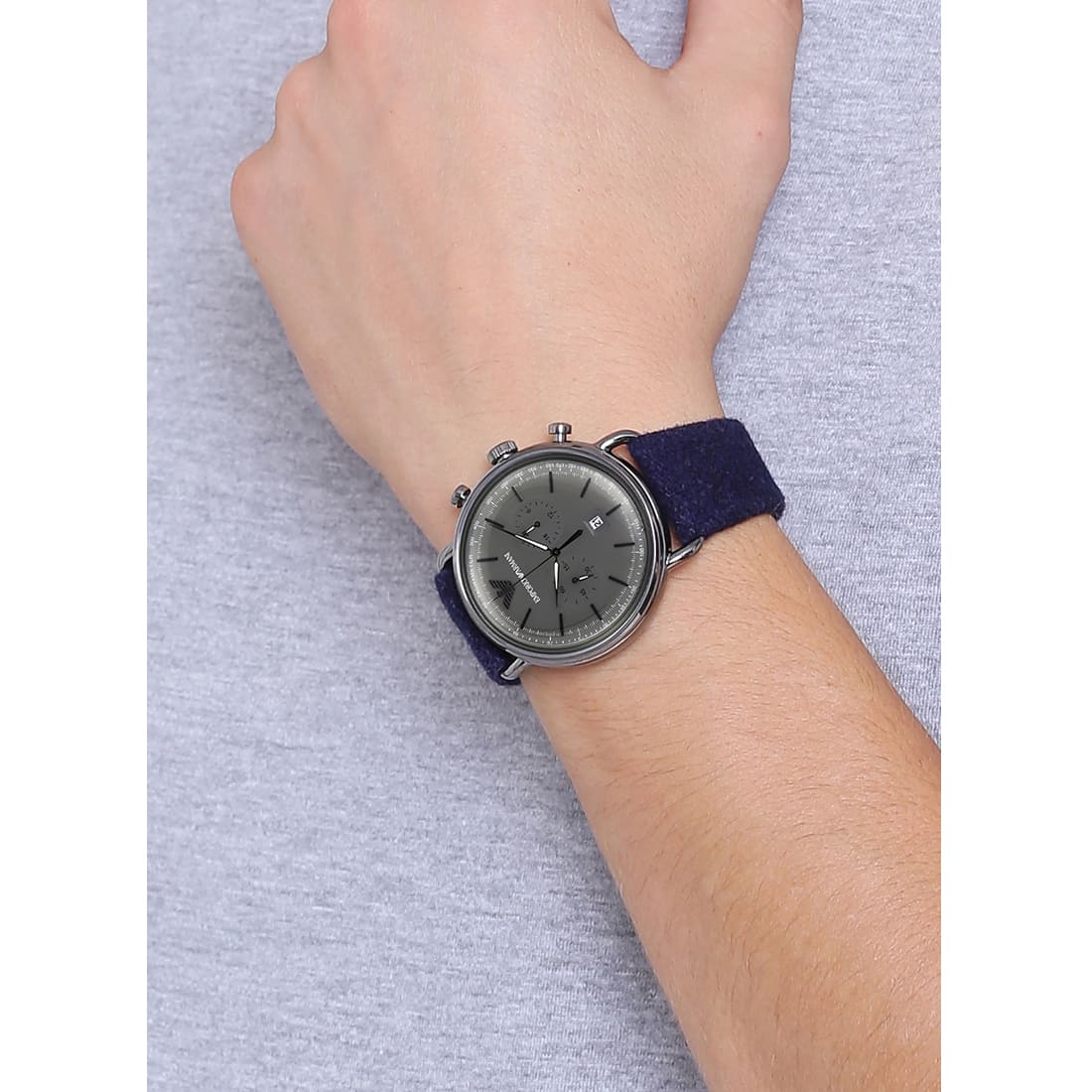 Emporio Armani AR11144 watch worn on wrist showing grey dial and blue strap