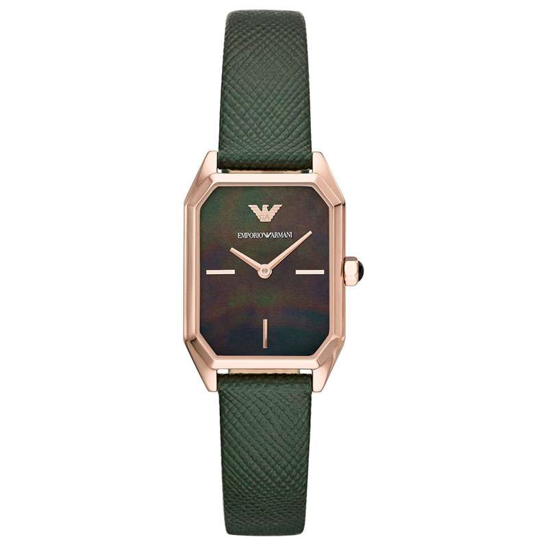 AR11149 Emporio Armani ladies quartz watch with rectangular black dial and green textured leather band