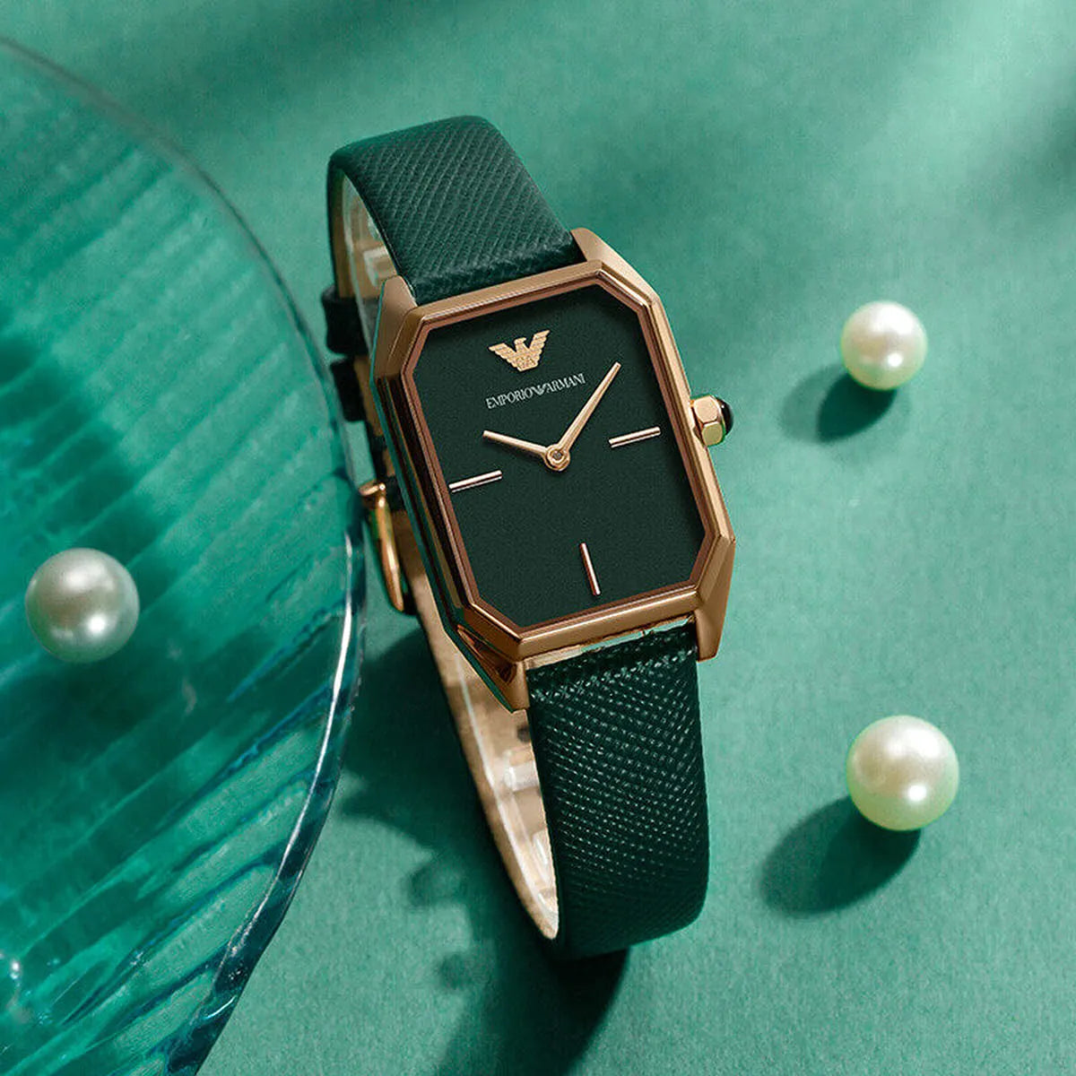 Emporio Armani AR11149 women's quartz watch with mother-of-pearl dial and pearls lifestyle image