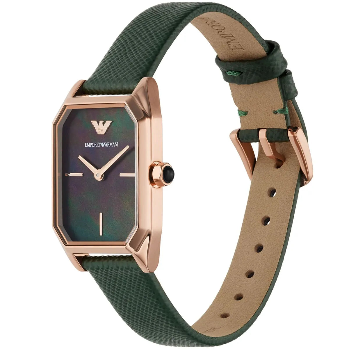 Emporio Armani AR11149 on wrist showing rose gold case, black dial, and green leather strap