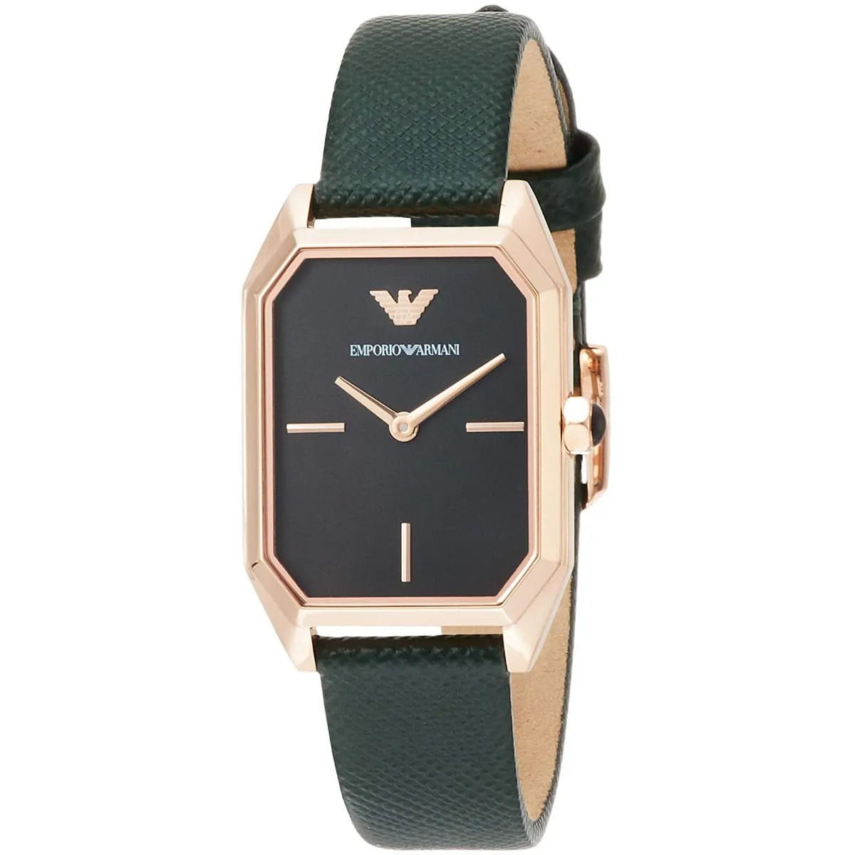 Emporio Armani AR11149 women's watch with black mother-of-pearl dial, rose gold case, and green leather strap