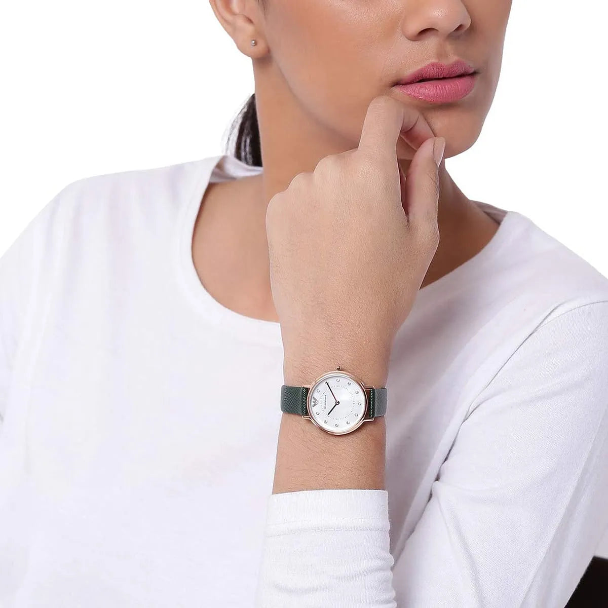 Emporio Armani Kappa Green Leather White MOP Ladies Watch AR11150