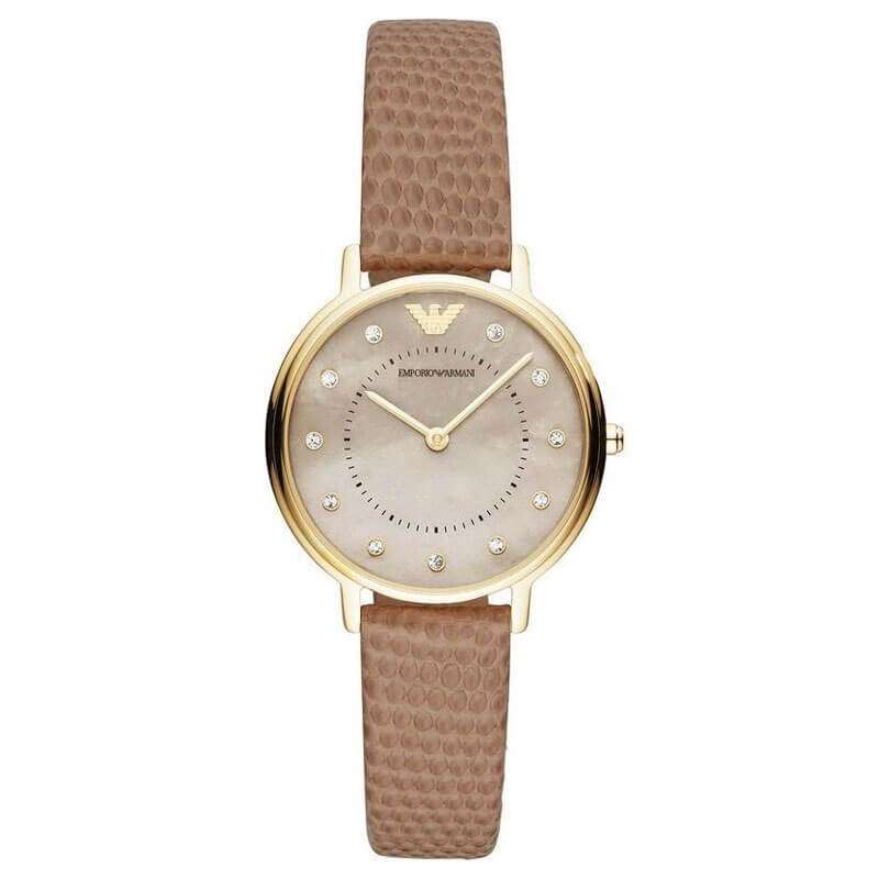 Emporio Armani Kappa Mother of Pearl Taupe Dial Brown Leather Strap Watch AR11151